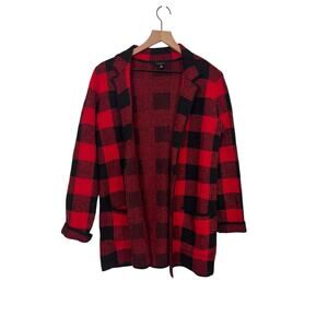 Talbots Womens Red Black Buffalo Plaid Open Cardigan Size XS Pockets